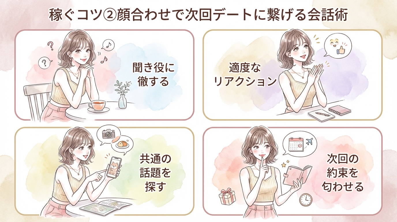 稼ぐコツ②顔合わせで次回デートに繋げる会話術