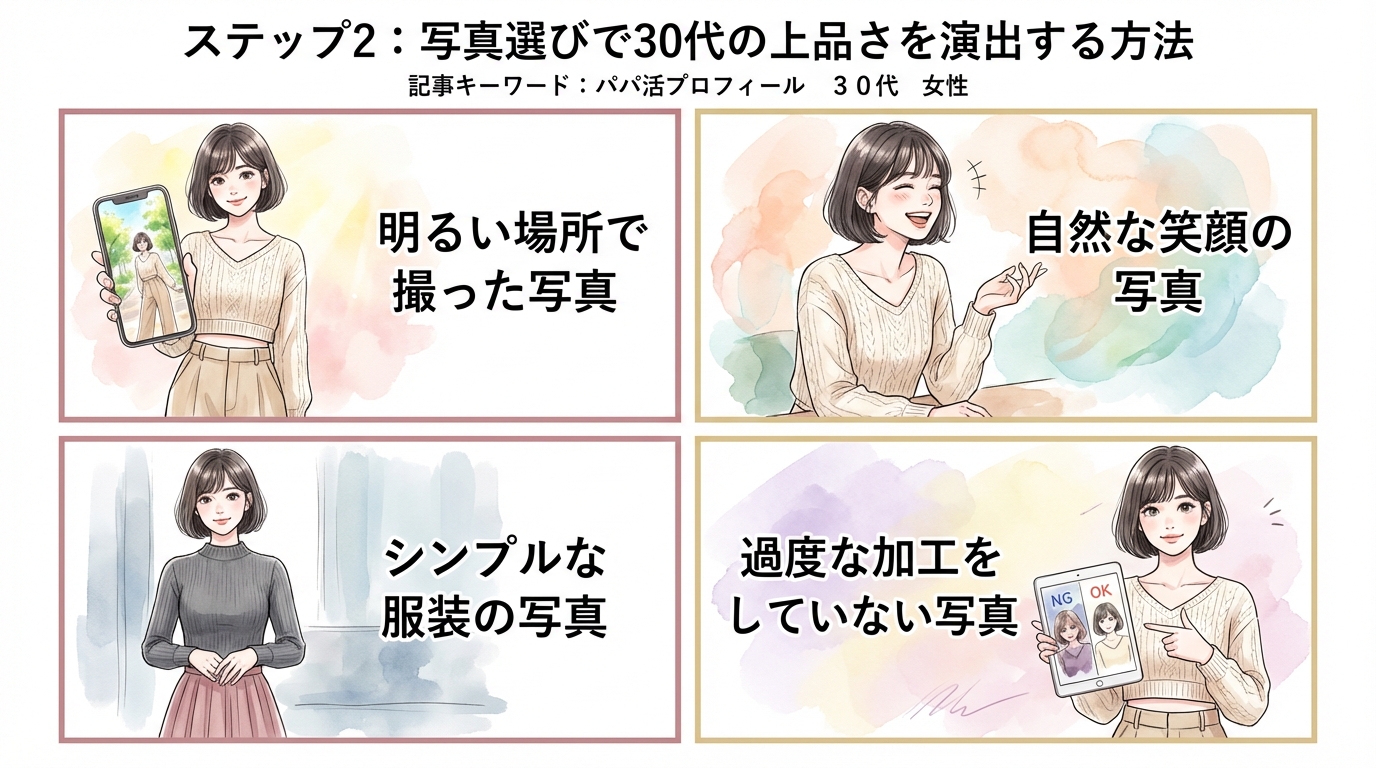 ステップ2：写真選びで30代の上品さを演出する方法