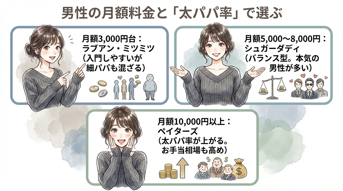男性の月額料金と「太パパ率」で選ぶ