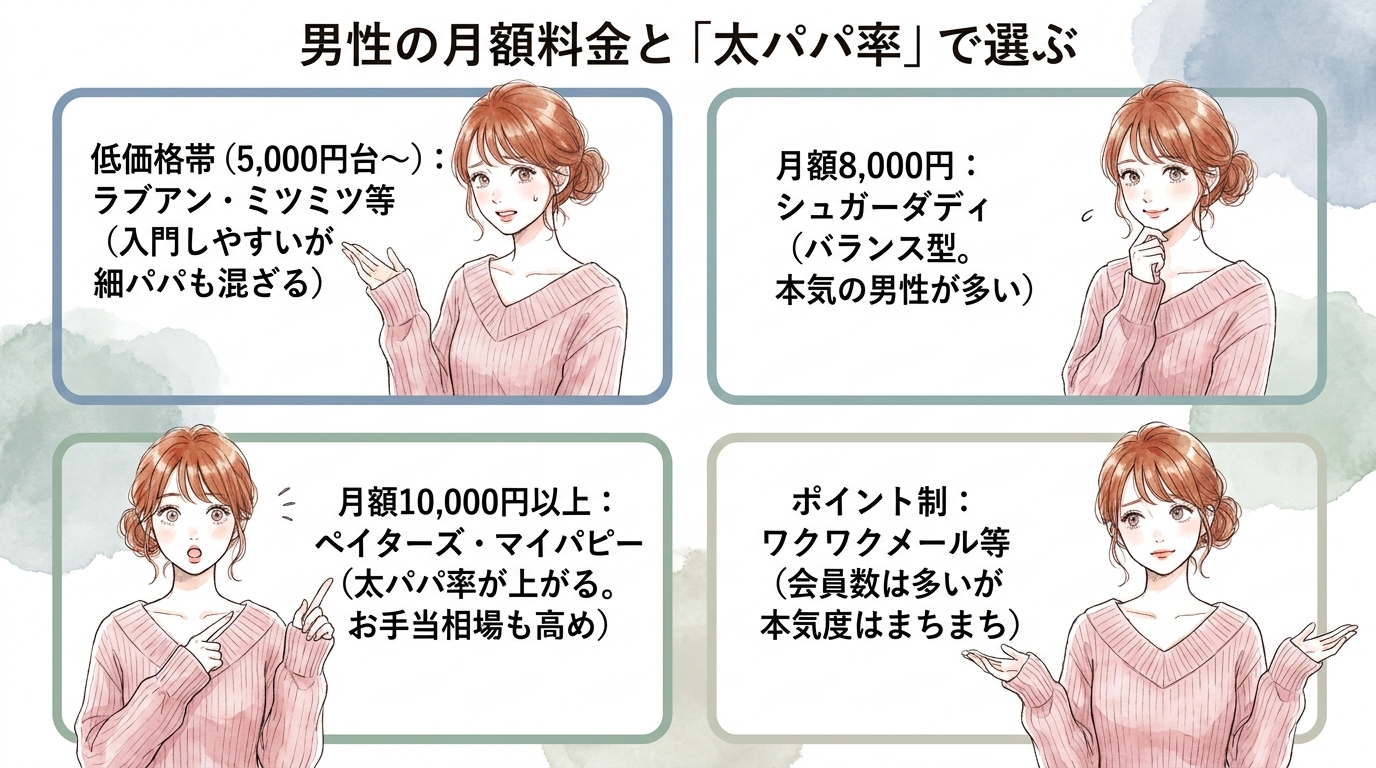 男性の月額料金と「太パパ率」で選ぶ