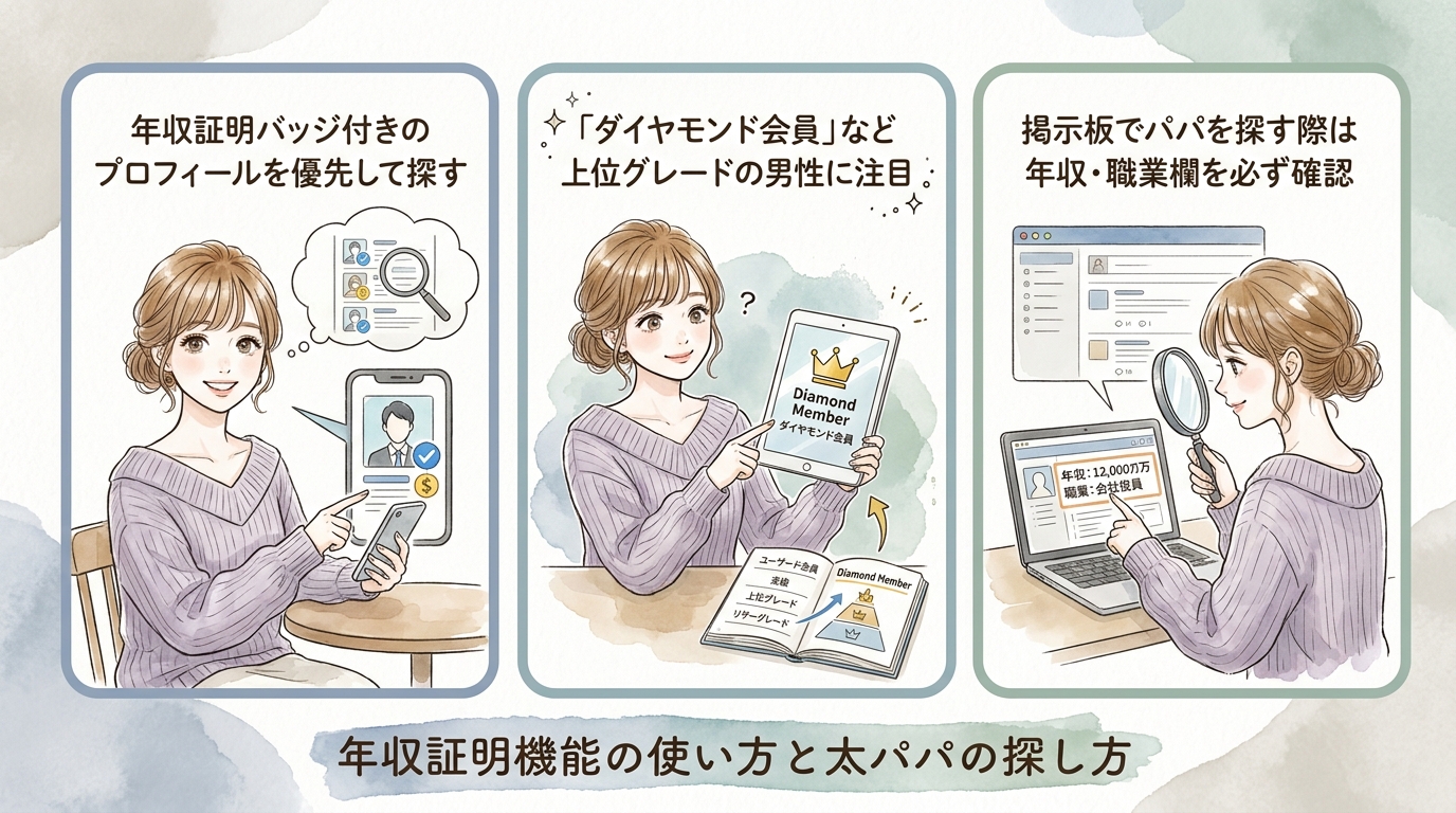 年収証明機能の使い方と太パパの探し方