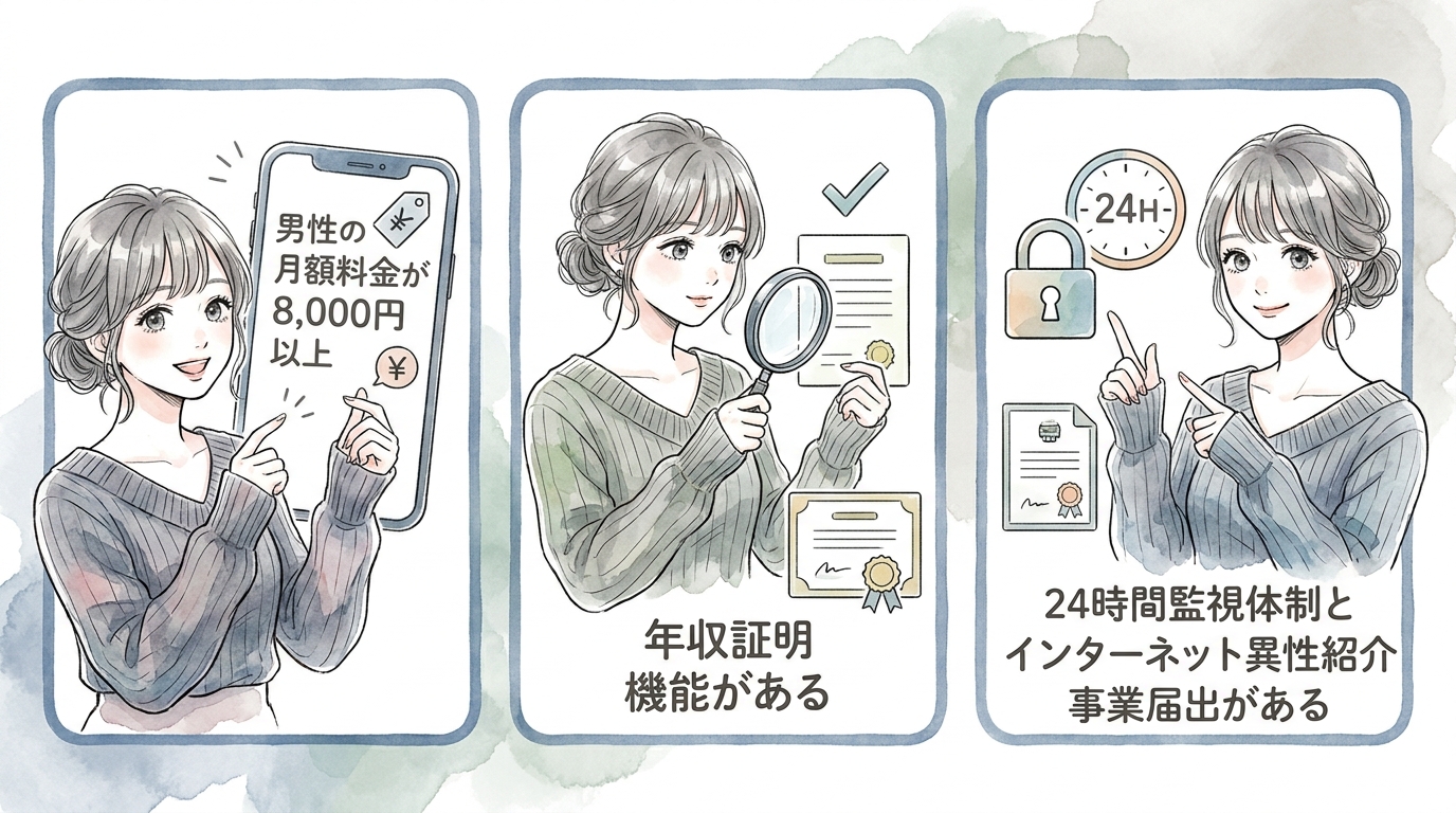 男性料金・年収証明・監視体制の3点セット確認が必須