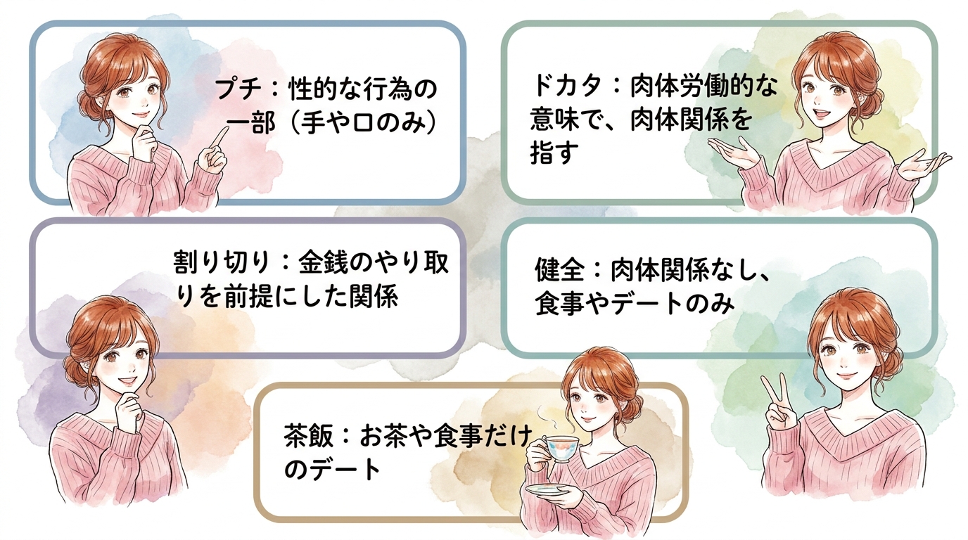 行為の内容を表す隠語(プチ・割り切り・健全など)