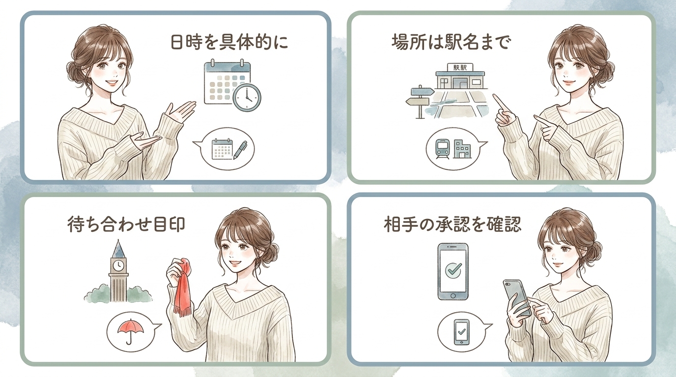 初回の顔合わせ前に日時と場所を約束機能で確定する