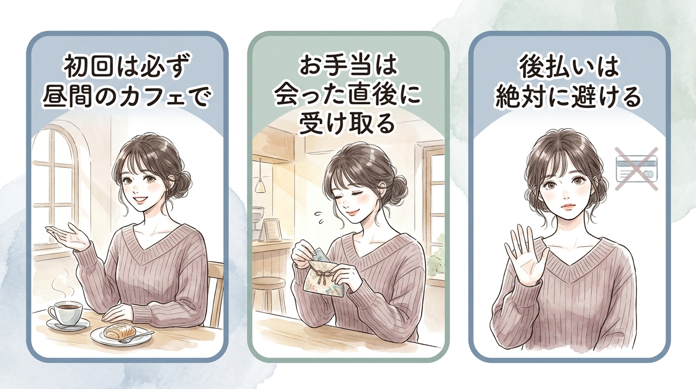 初回は公共の場で、お手当は先払い徹底