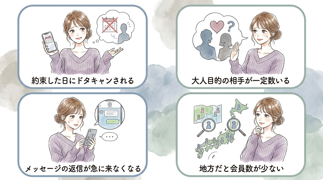 悪い口コミ:ドタキャンや大人目的の相手もいる