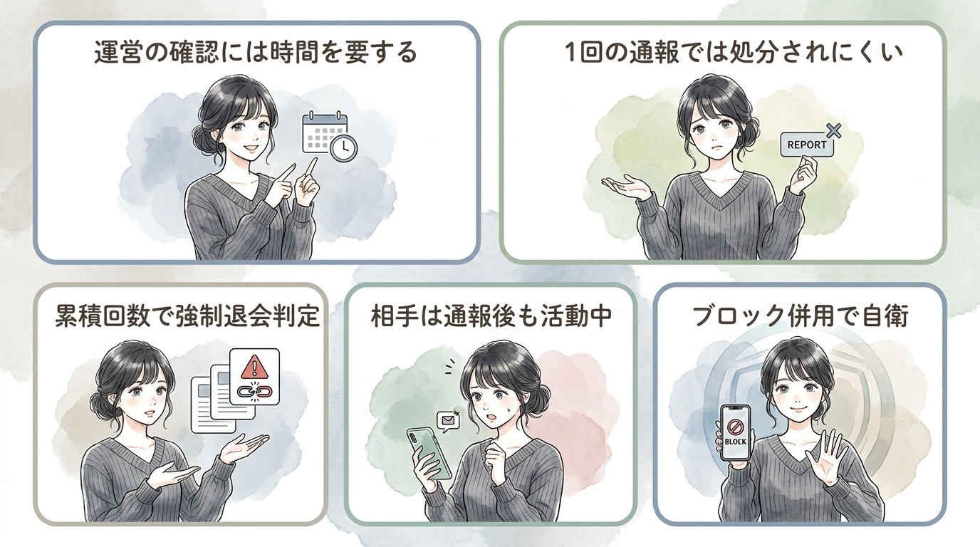 通報しても相手が即退会になるわけじゃない
