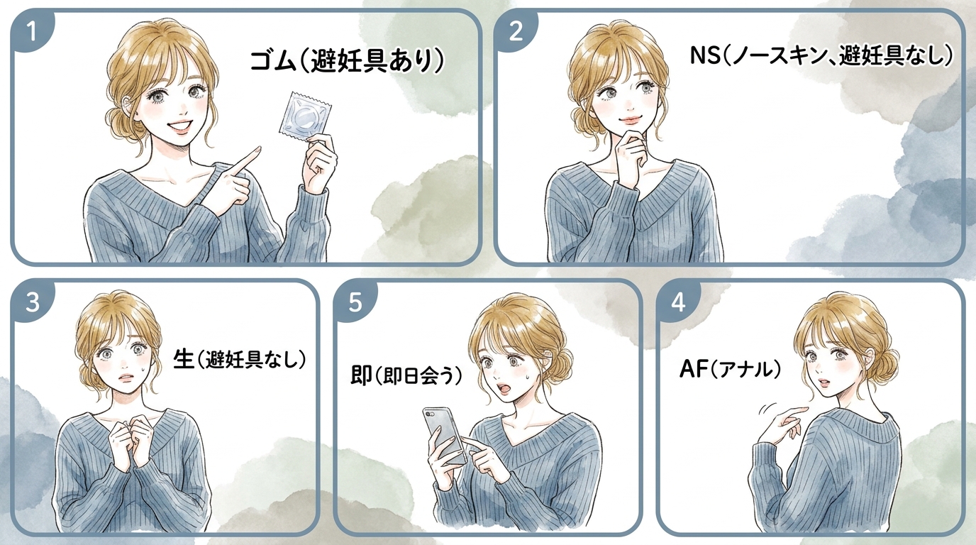 プレイ内容を示す隠語「ゴム」「NS」「AF」