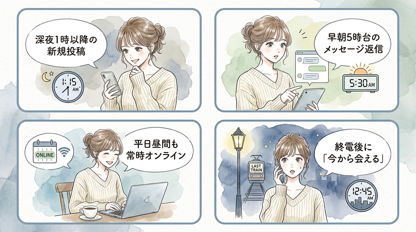 24時間オンライン、終電後の時間帯に掲示板投稿がある