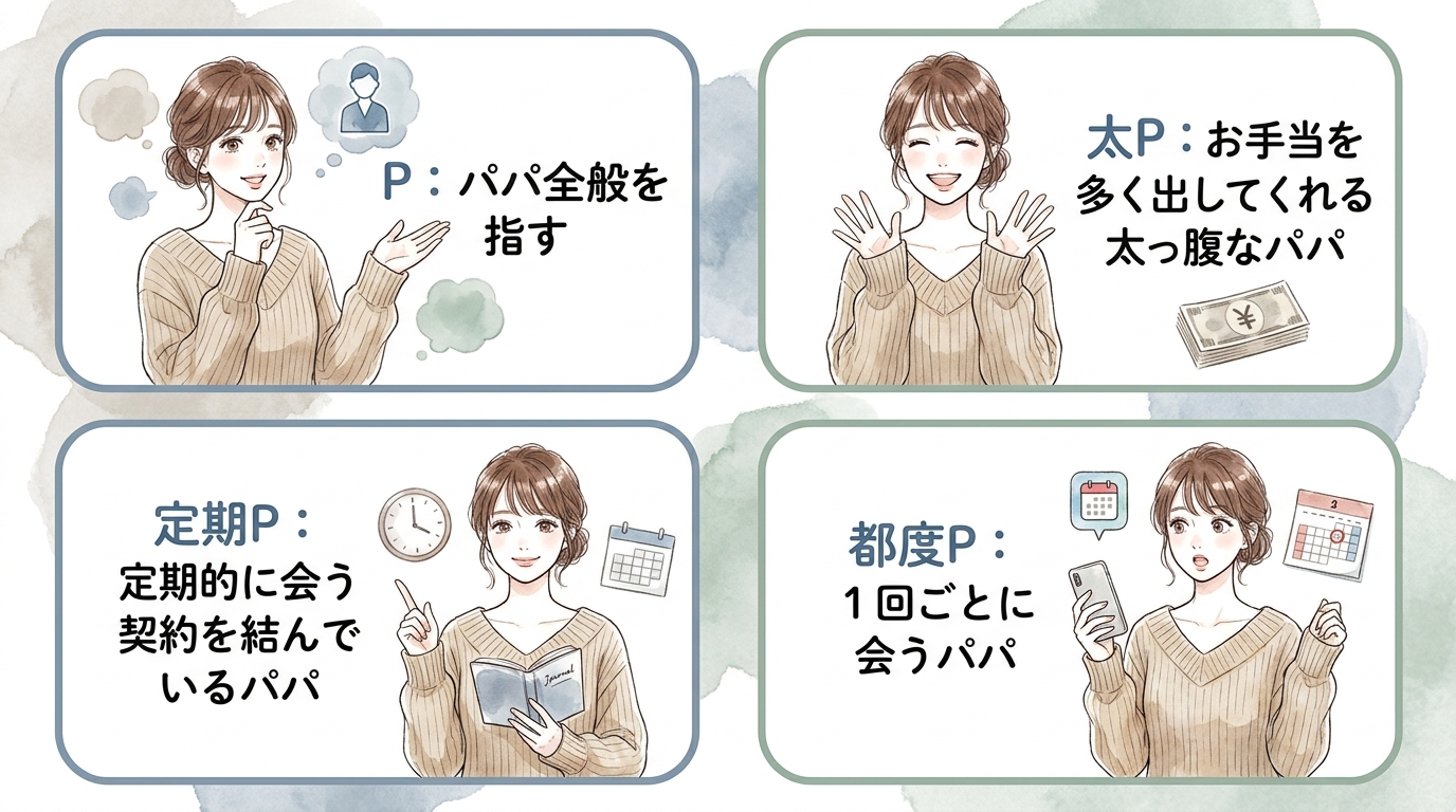 P・太P・定期P：パパの種類を表す隠語