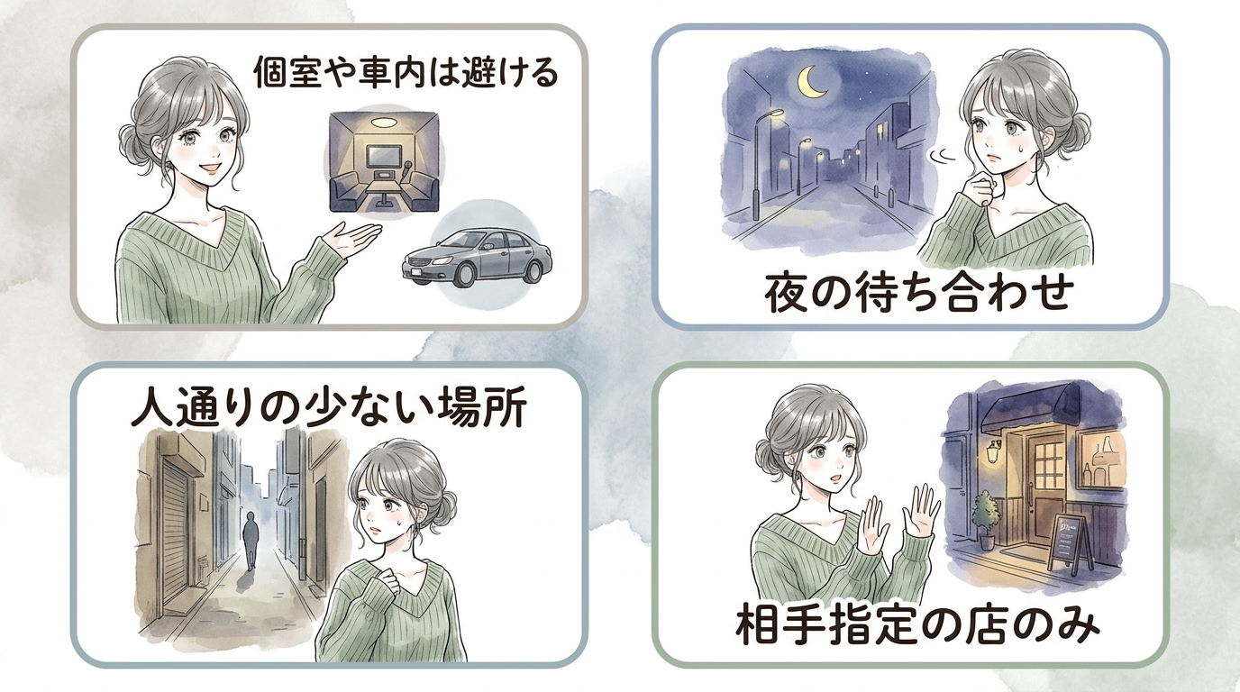 初回顔合わせは人の多いカフェで昼間に会う