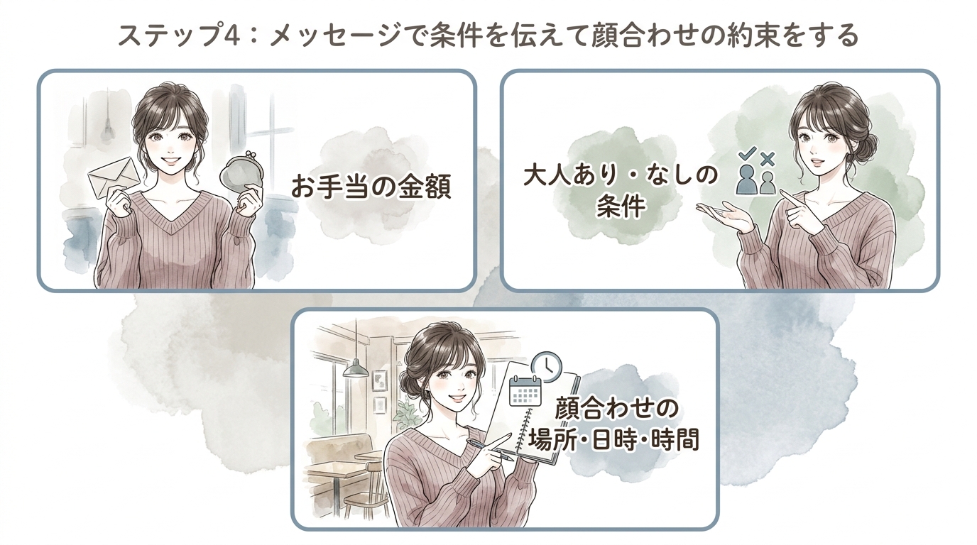 ステップ4：メッセージで条件を伝えて顔合わせの約束をする